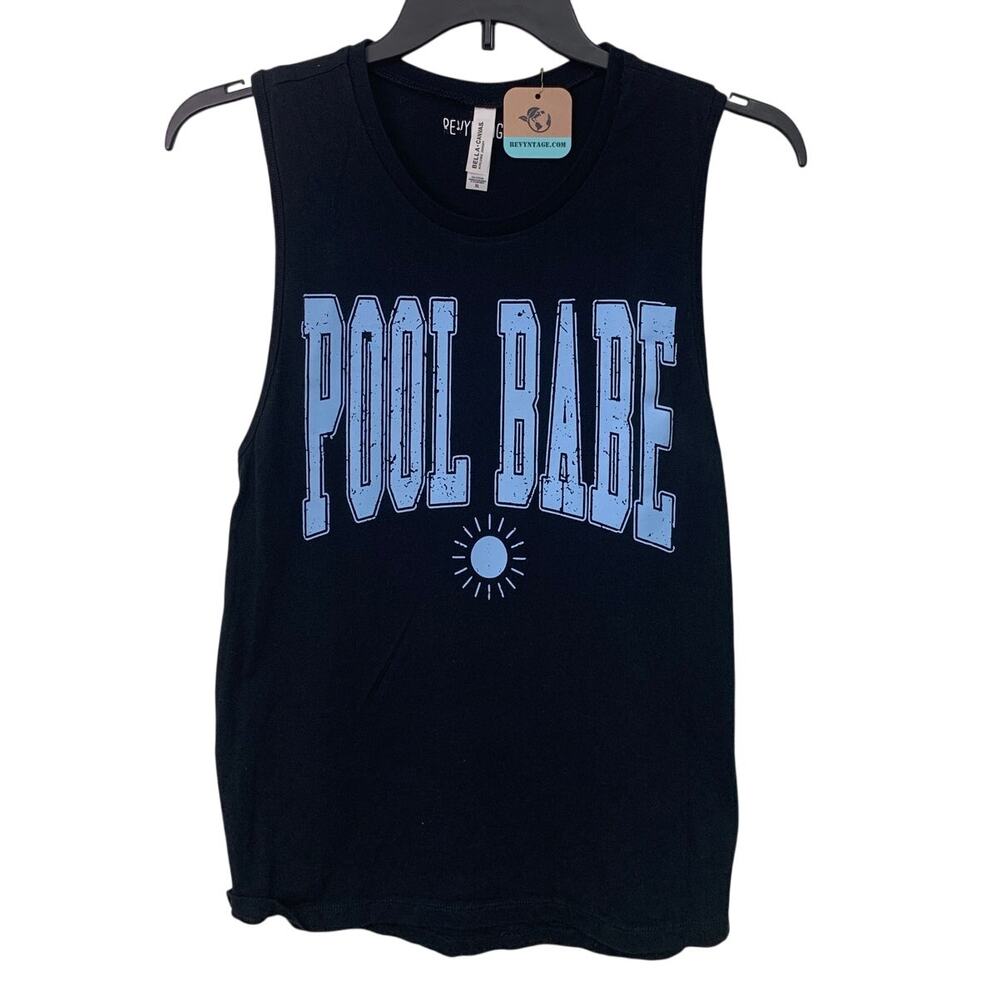 Upcycled Hand Printed Womens XL Pool Babe Black PolyCotton Tank Top T Shirt